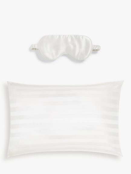 John Lewis Organic Mulberry Eye Mask and Silk Stripe Standard Pillowcase, White, 
