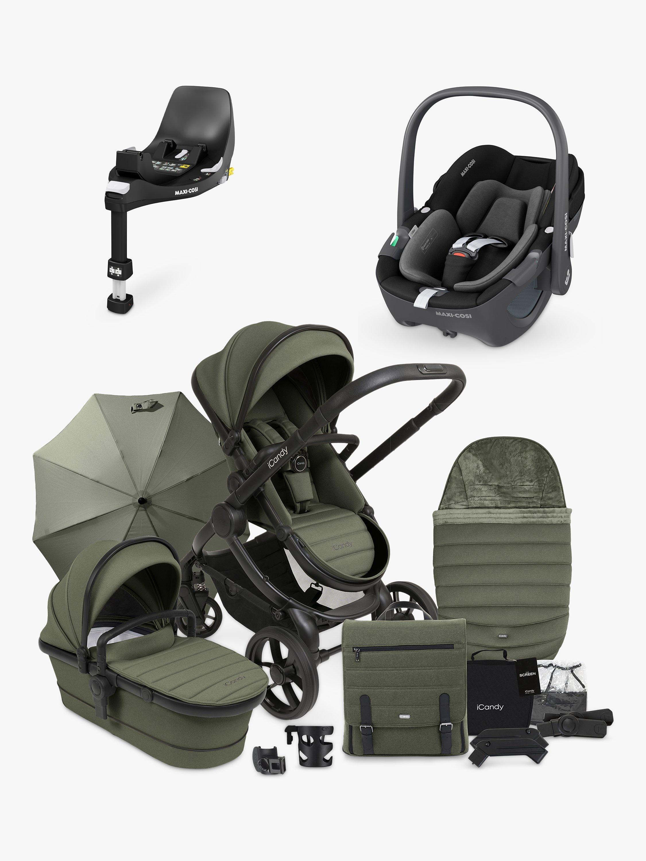 iCandy Peach 7 Pushchair & Accessories with Maxi-Cosi Pebble 360 i-Size Car Seat and FamilyFix 360 Base Bundle, Ivy/ Black