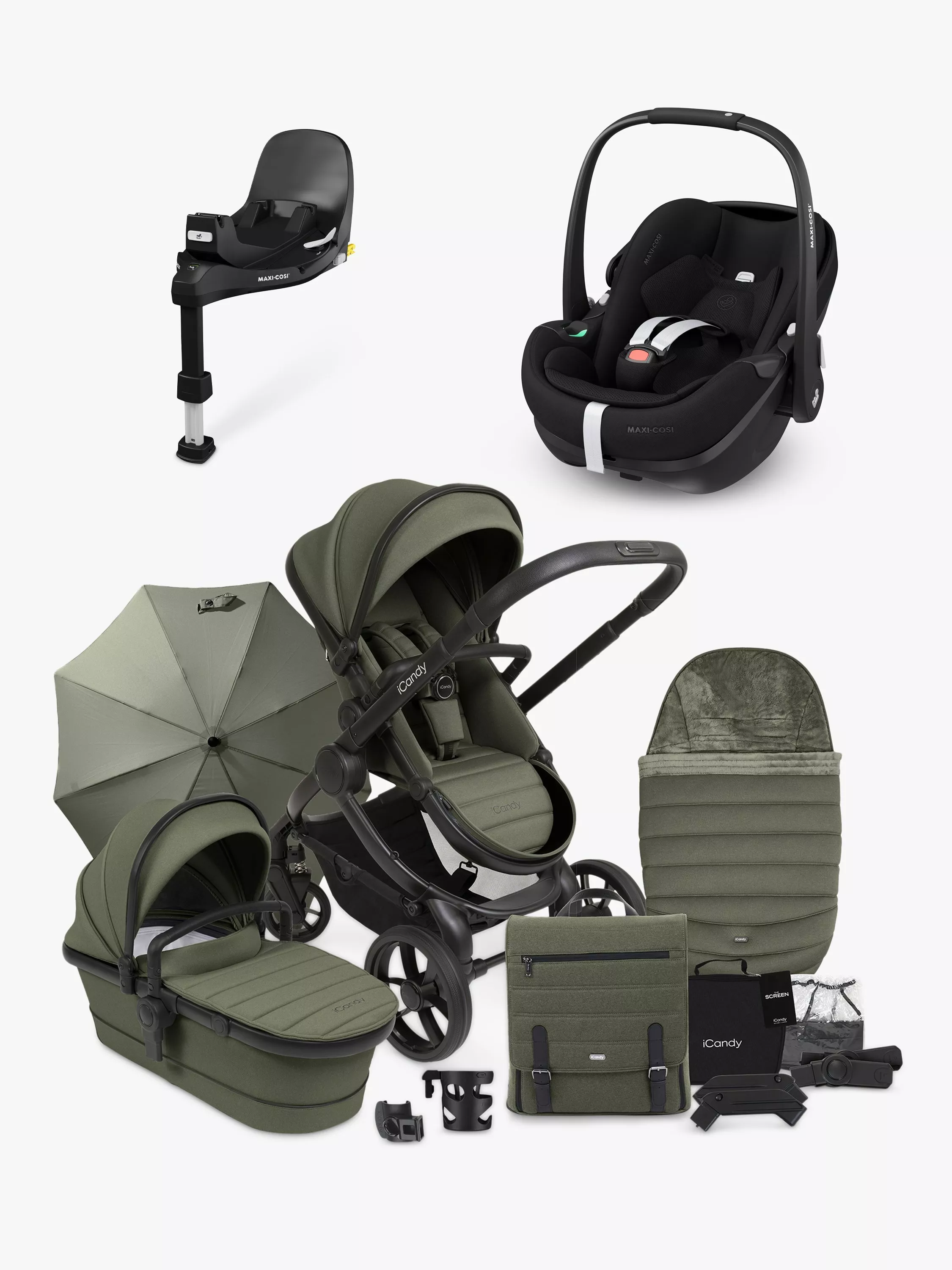 iCandy Peach 7 Pushchair Accessories with Maxi Cosi Pebble 360 Pro2 i Size Car Seat and FamilyFix 360 Pro Base Bundle Ivy Black