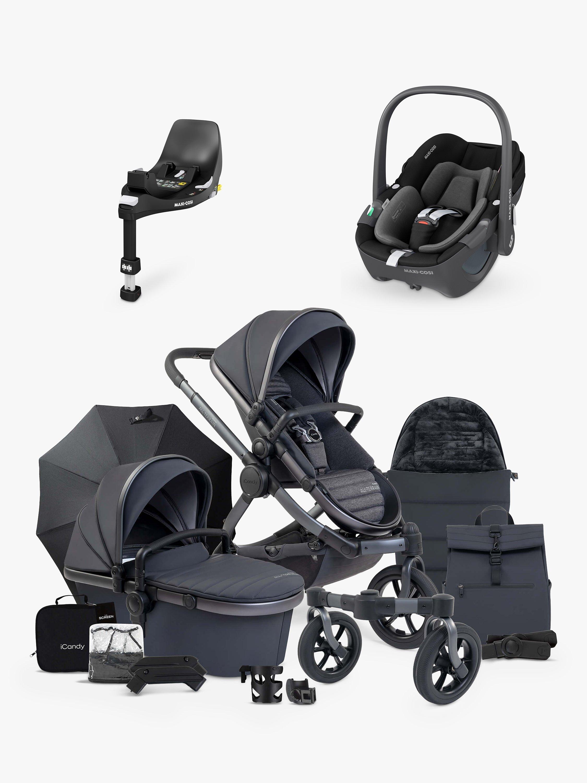 iCandy Peach 7 All Terrain Stroller Carrycot Accessories with Maxi Cosi Pebble 360 i Size Baby Car Seat and Base Nimbus Storm