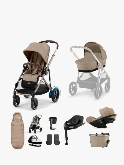 Cybex E-Gazelle S Pushchair, Carrycot & Accessories with the Cloud G Car Seat and Base G Bundle, Beige/Black, 