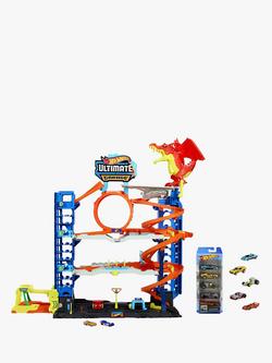 Hot Wheels City Ultimate Garage Track Set & Race Ready 5 Car Pack Bundle, 