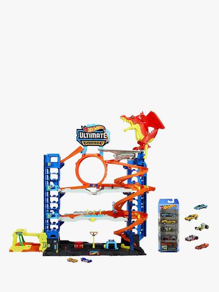 Hot Wheels City Ultimate Garage Track Set & Race Ready 5 Car Pack Bundle, 