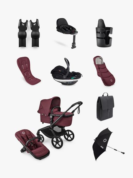 Bugaboo Fox 5 Renew Pushchair and Accessories with BeSafe Go Beyond2 Car Seat and Base Bundle, Dark Cherry/Black, 