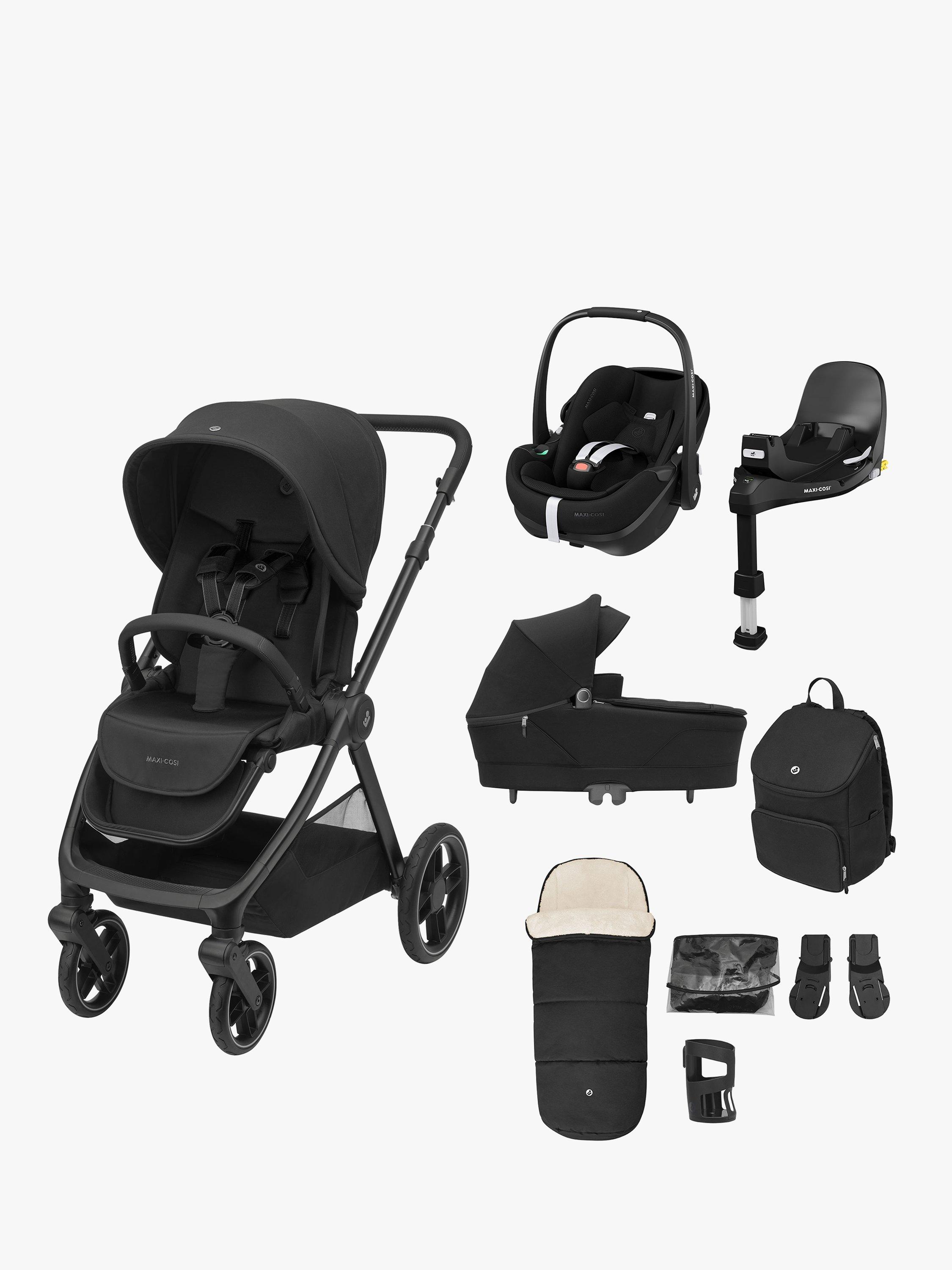 Maxi-Cosi Oxford+ Pushchair, Sense Carrycot, Accessories and Pebble 360  Pro2 Car Seat with FamilyFix 360 Pro Base Bundle, Twillic Black