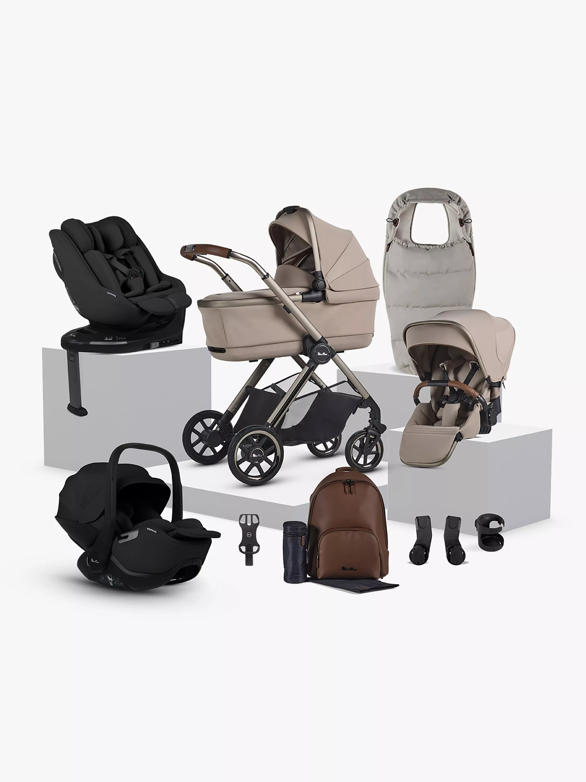 Beige travel system pram bundle with carrycot, pushchair seat, car seats, footmuff and changing bag accessories