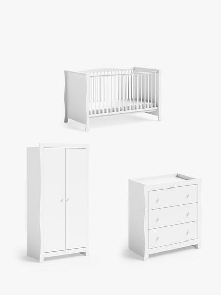 Little Acorns Traditional Sleigh Cotbed, Changing Table Dresser and Double Wardrobe, White, 
