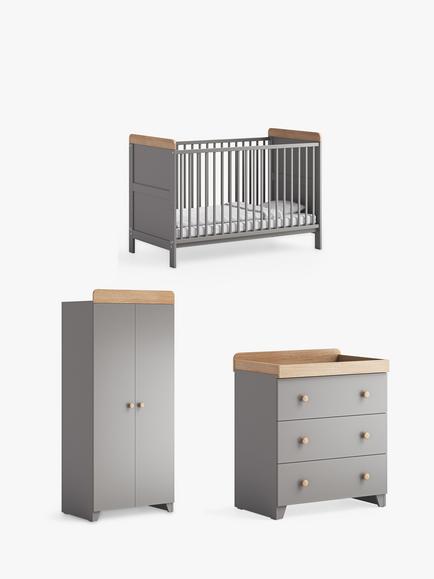 Little Acorns Classic Two-Tone Cotbed, Changing Table Dresser and Double Wardrobe Bundle, Grey/Oak, 