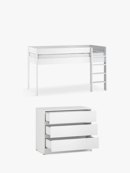 Little Acorns Furniture Mid Sleeper Bed Frame & 3 Drawer Chest Bundle, White, 