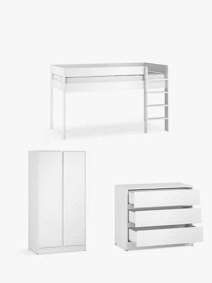 Little Acorns Furniture Mid Sleeper Bed Frame, 3 Drawer Chest and Double Wardrobe Bundle, White, 