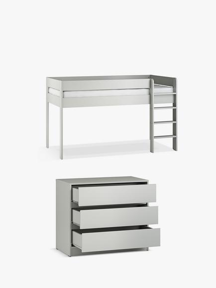 Little Acorns Furniture Mid Sleeper Bed Frame & 3 Drawer Chest Bundle, Grey, 