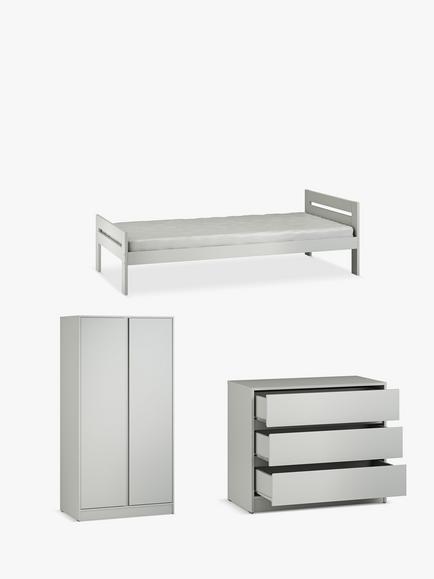 Little Acorns Furniture Bed Frame, 3 Drawer Chest and Double Wardrobe Bundle, Grey, 