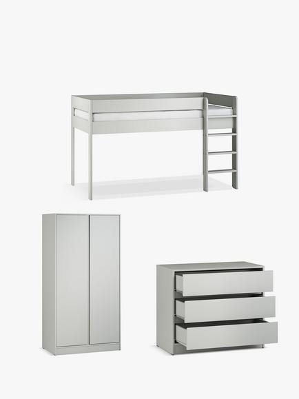 Little Acorns Furniture Mid Sleeper Bed Frame, 3 Drawer Chest and Double Wardrobe Bundle, Grey, 