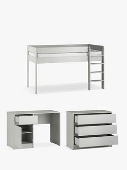 Little Acorns Furniture Mid Sleeper Bed Frame, 3 Drawer Chest and Desk Bundle, Grey, 