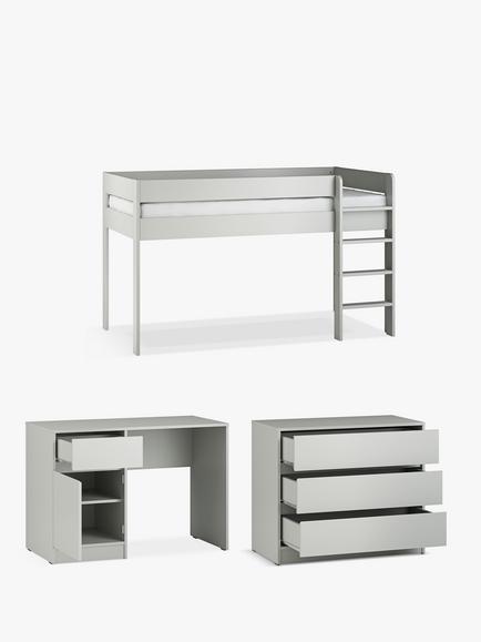 Little Acorns Furniture Mid Sleeper Bed Frame, 3 Drawer Chest and Desk Bundle, Grey, 