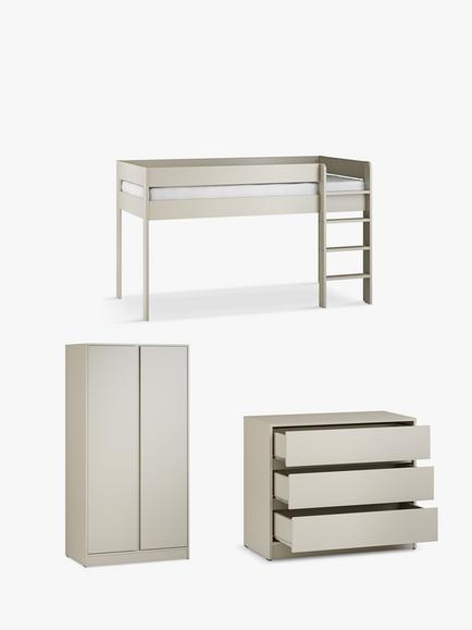 Little Acorns Furniture Mid Sleeper Bed Frame, 3 Drawer Chest and Double Wardrobe Bundle, Cashmere, 
