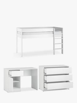 Little Acorns Furniture Mid Sleeper Bed Frame, 3 Drawer Chest and Desk Bundle, White, 