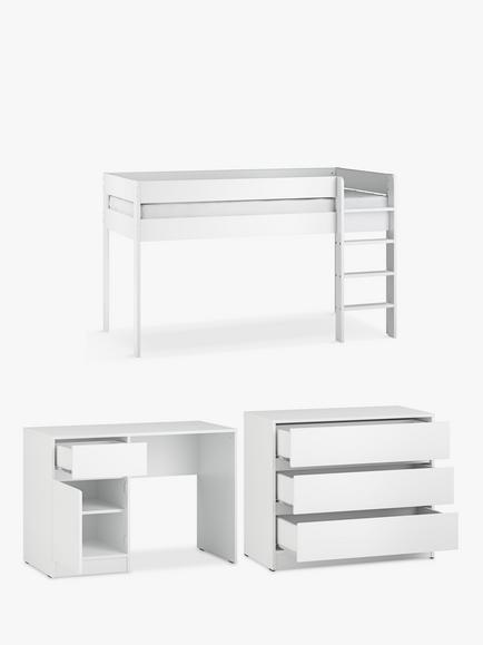 Little Acorns Furniture Mid Sleeper Bed Frame, 3 Drawer Chest and Desk Bundle, White, 