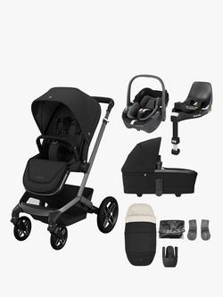 Maxi-Cosi Fame Pushchair, Carrycot and Accessories with Maxi-Cosi Pebble 360 Car Seat and Base Complete Bundle, Twillic Black, 