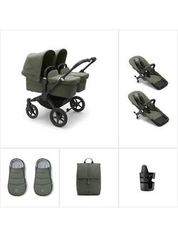 Bugaboo Donkey 5 Twin Pushchair, Carrycot & Accessories Essential Bundle, Forest Green, 