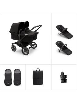 Bugaboo Donkey 5 Twin Pushchair, Carrycot & Accessories Essential Bundle, Midnight Black, 