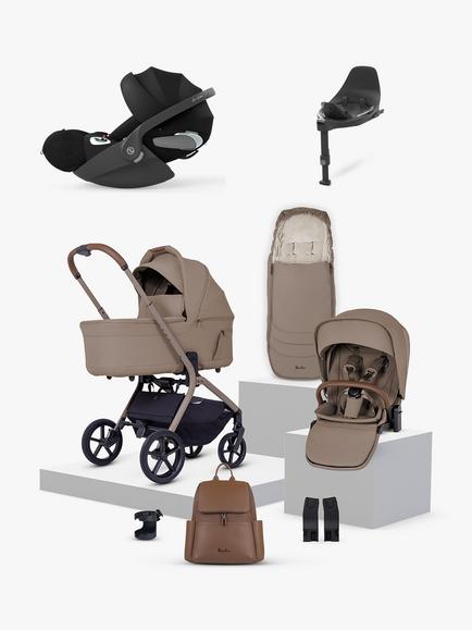 Silver Cross Breez Stroller, Carrycot & Accessories with Cybex Cloud T i-Size Rotating Baby Car Seat and Base, Champagne, 