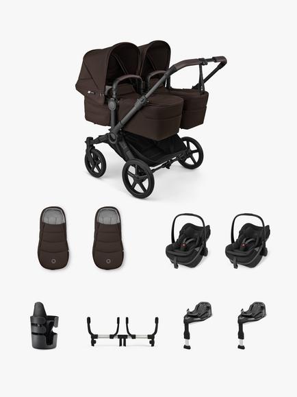 Bugaboo Donkey 6 Twin Stroller & Accessories with Maxi-Cosi Pebble Slide Pro Car Seat & FamilyFix Base Ultimate Bundle, Cocoa Brown, 