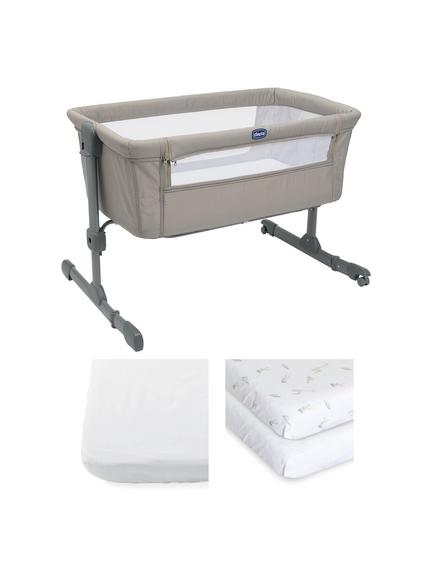 Chicco Next2Me Essential Bedside Crib, Matress Cover & Fitted Sheets Bundle, Stone Re-lux, 