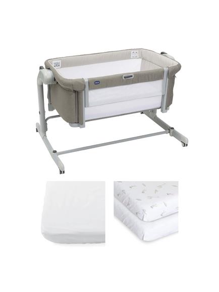 Chicco Next2Me Magic Evo Cot, Mattress Cover & Fitted Sheets Bundle, Taupe, 