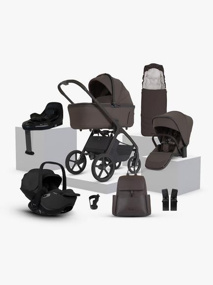 Silver Cross Cove 2 Stroller, Carrycot & Accessories with Glide Plus 360 i-Size Car Seat & Base Ultimate Infant Bundle, Chocolate, 