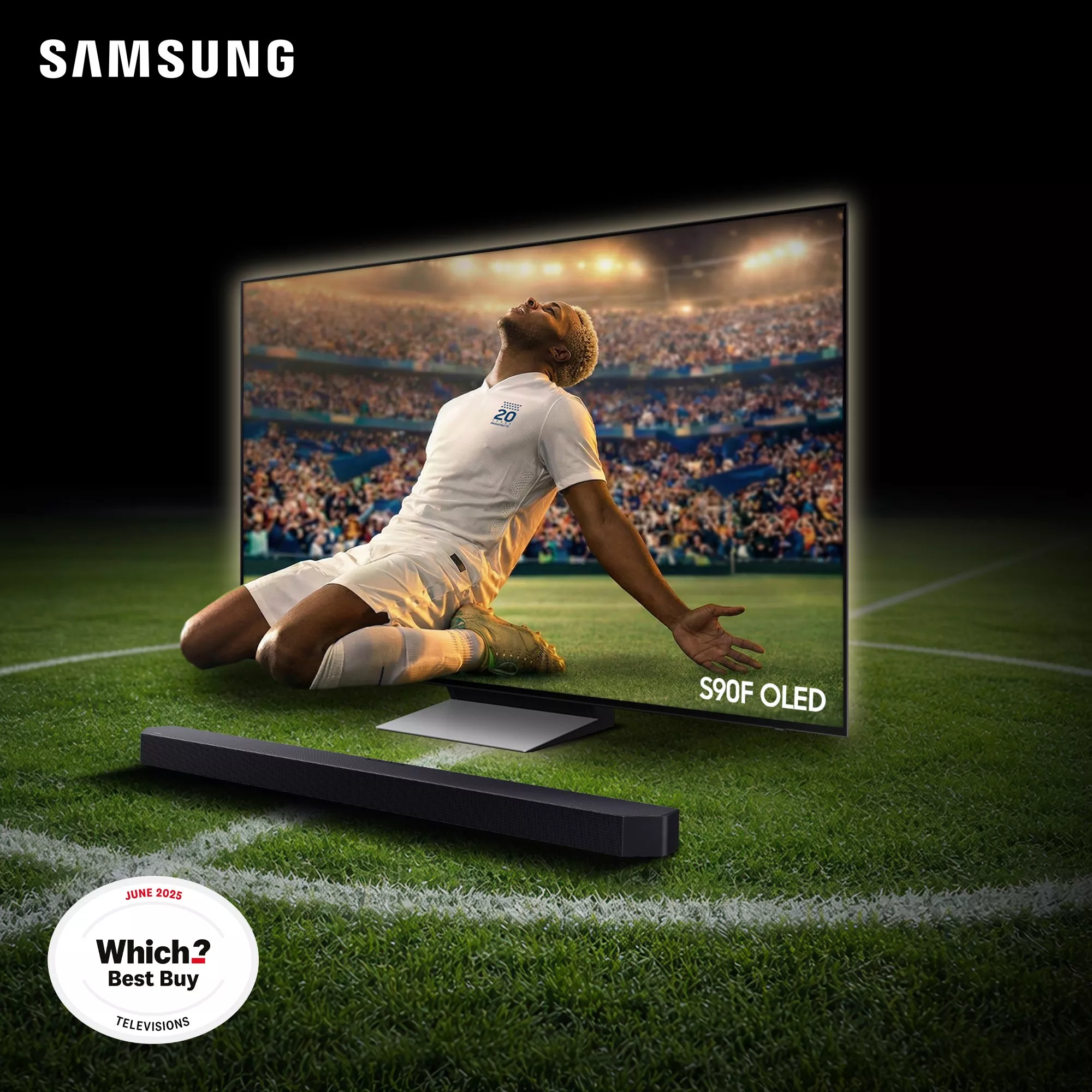Samsung TV with soundbar showing footballer celebrating in stadium, with Which? Awards 2025 Home Entertainment badge