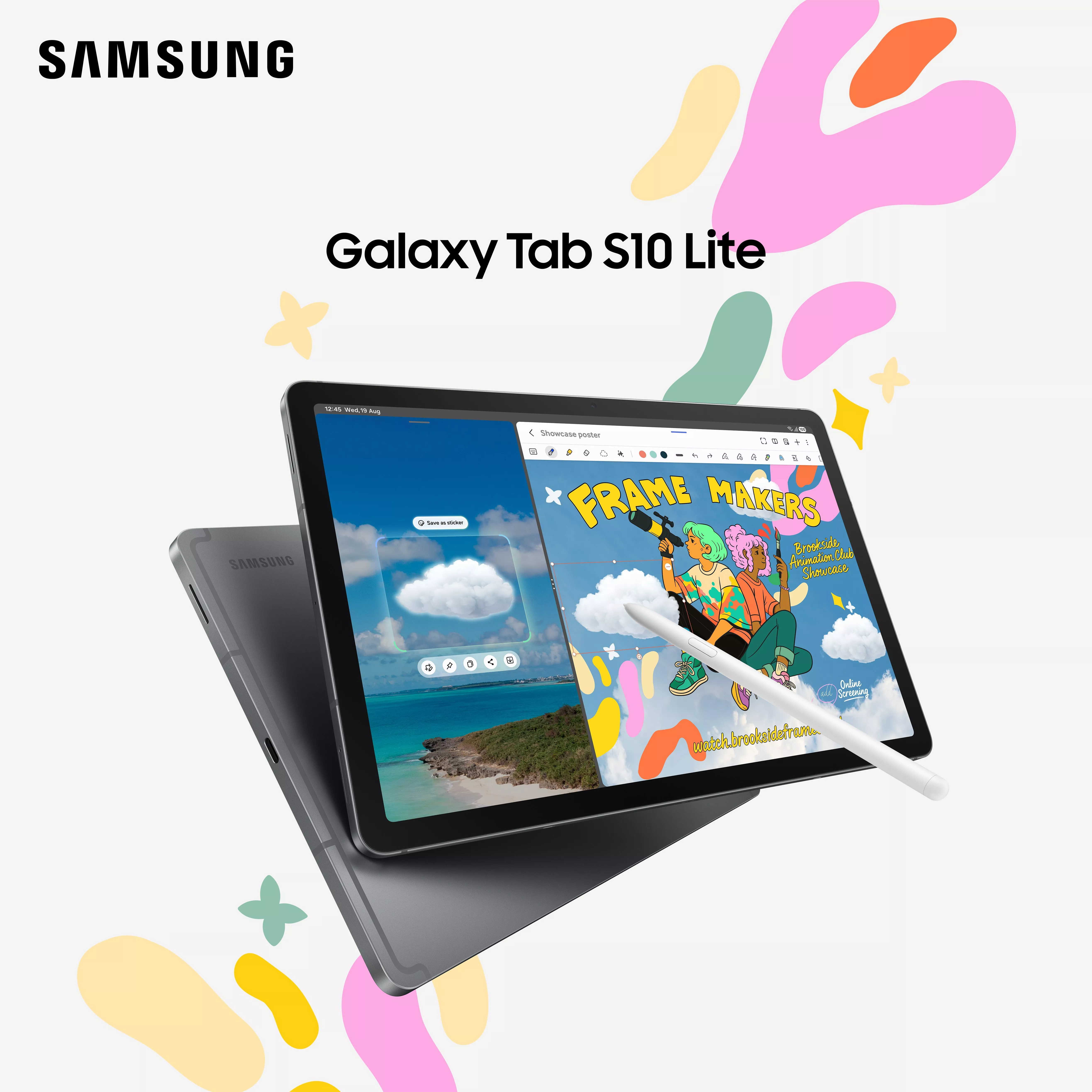Samsung Galaxy Tab S10 Lite tablet displaying a split-screen creative illustration app alongside a white S Pen stylus, set against a colorful abstract graphic background.