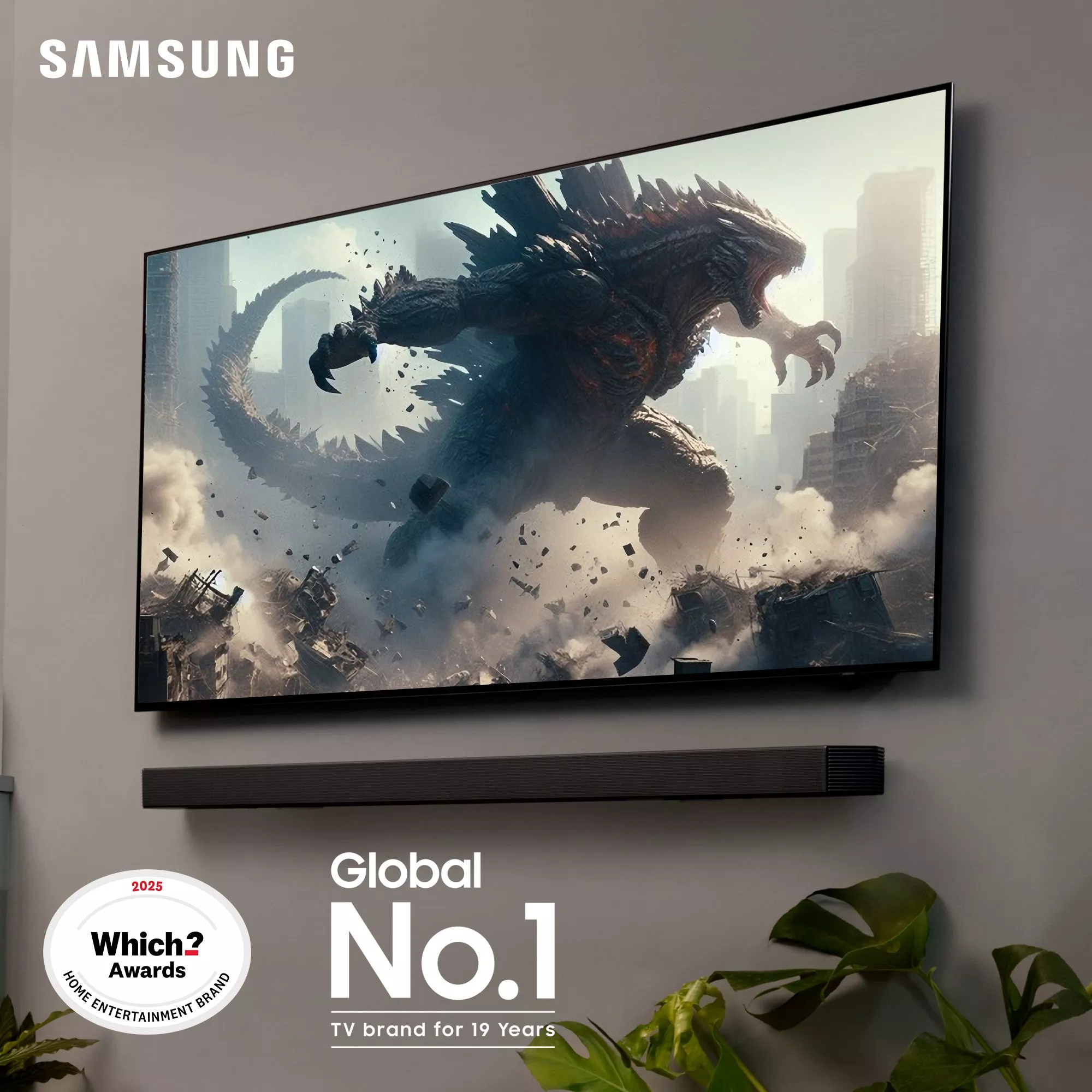 Samsung TV display featuring a dramatic scene with a monster amidst city ruins. Award badge featured on bottom of image