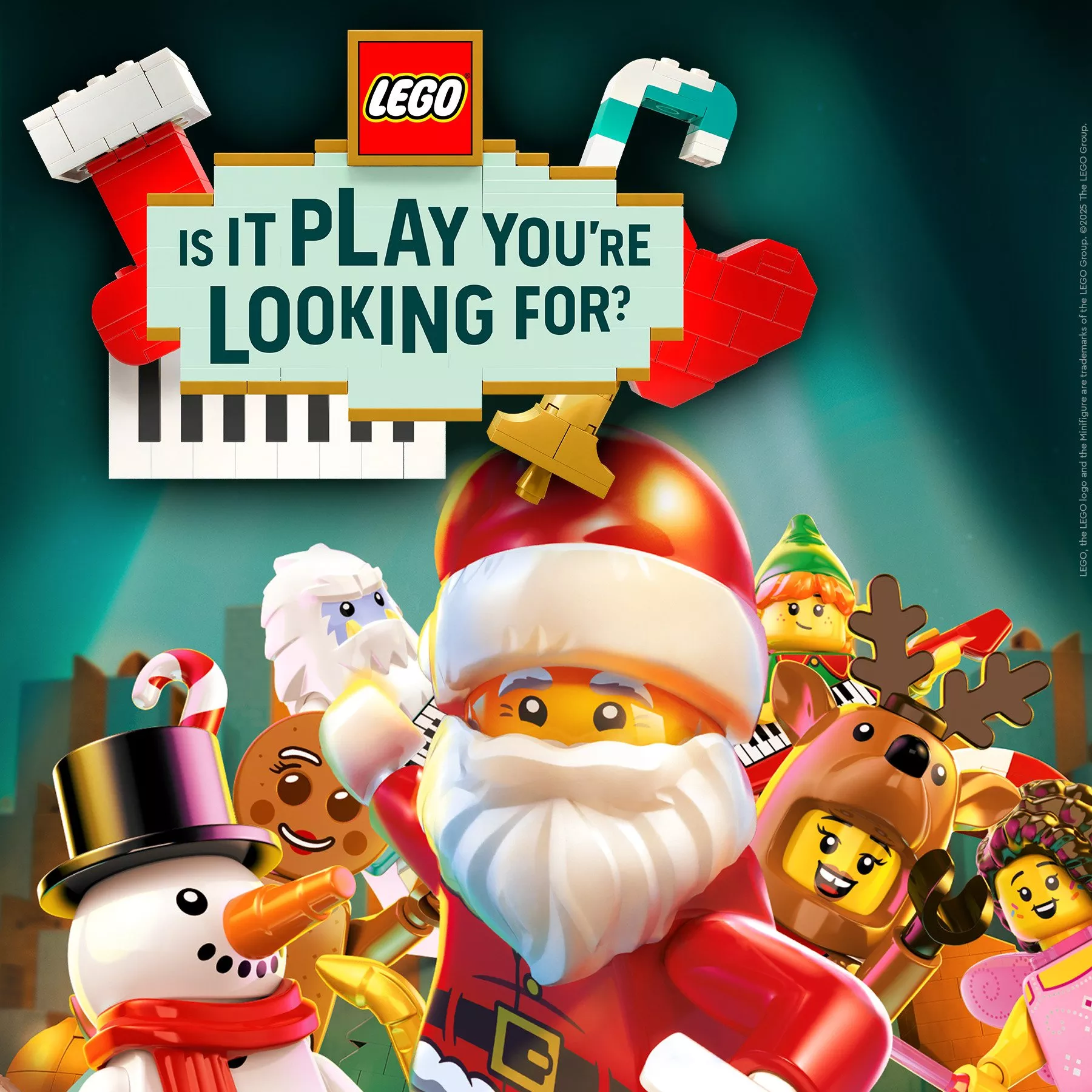 LEGO holiday advertisement featuring Santa and other festive minifigures.