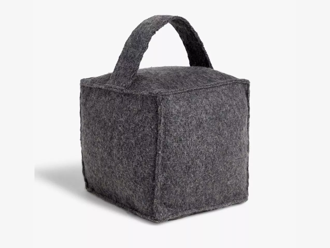 Grey felt door stop with carry handle, cube shape, heavy fabric weight for home and office doors