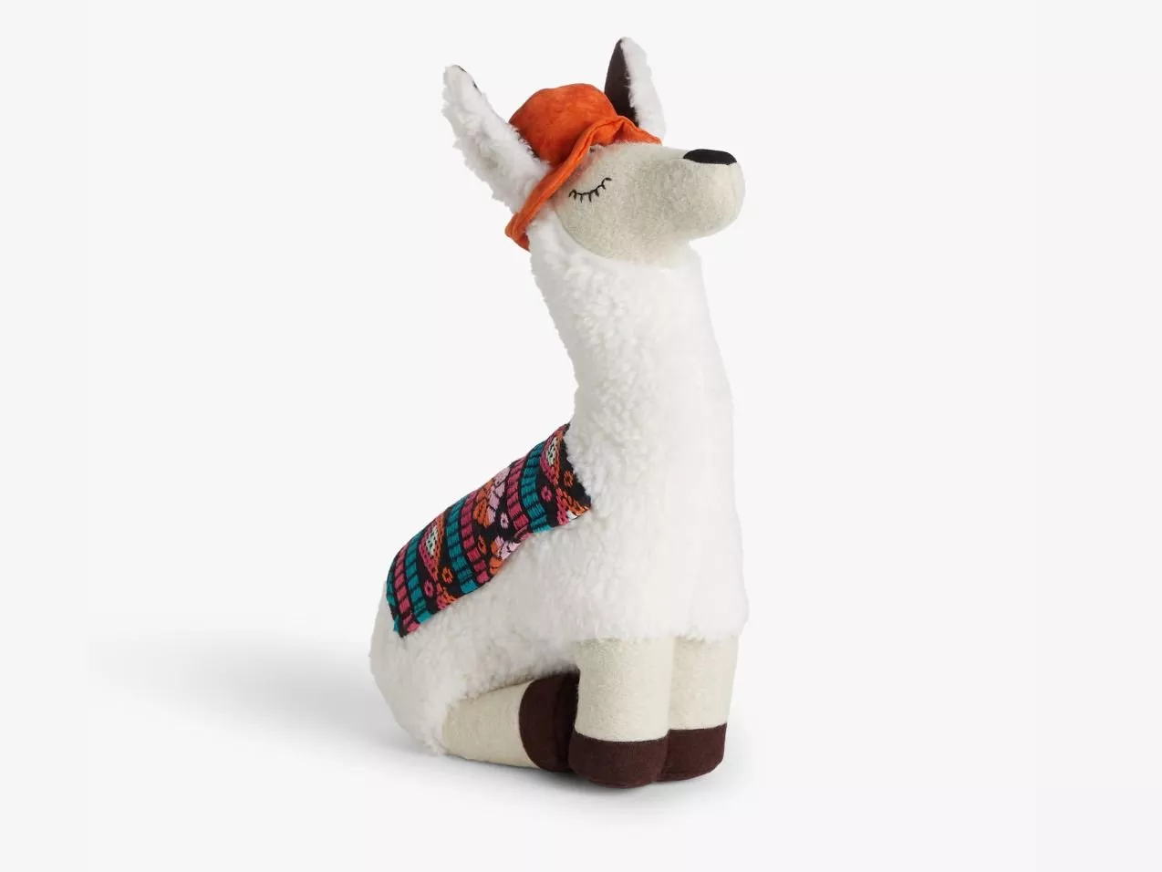 Plush snowman Christmas decoration with brown hat, red striped scarf, carrot nose on white background