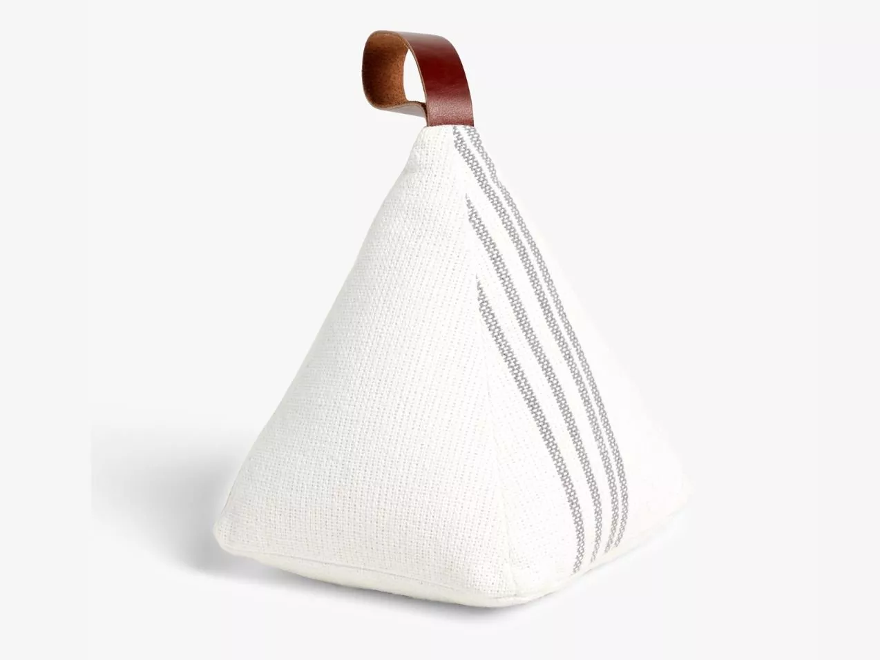 White woven doorstop with grey stripes and brown leather handle, minimalist home décor accessory on white background