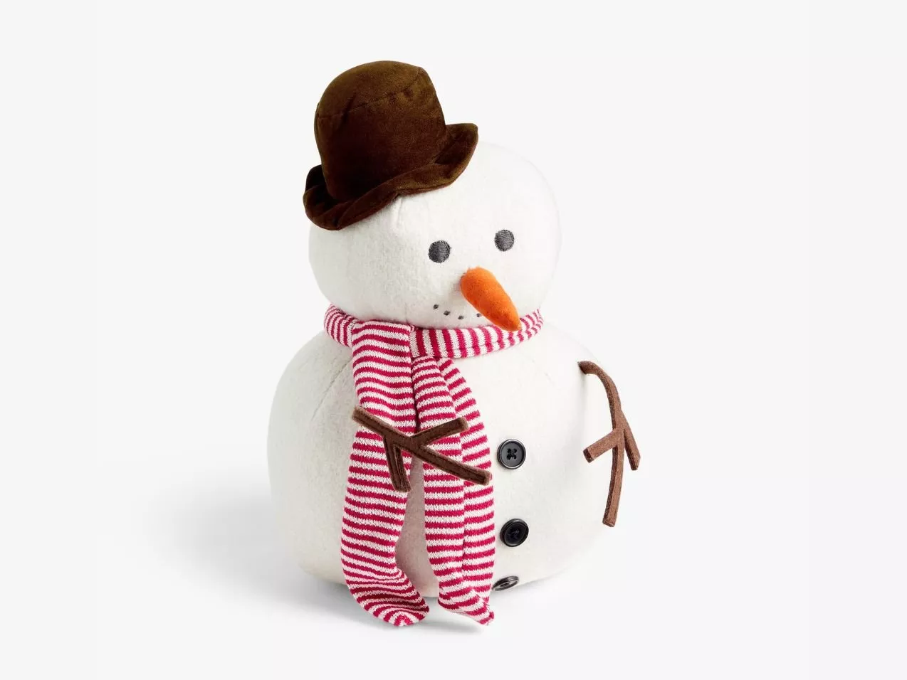 Plush snowman Christmas decoration with brown hat, carrot nose and red striped scarf on white background