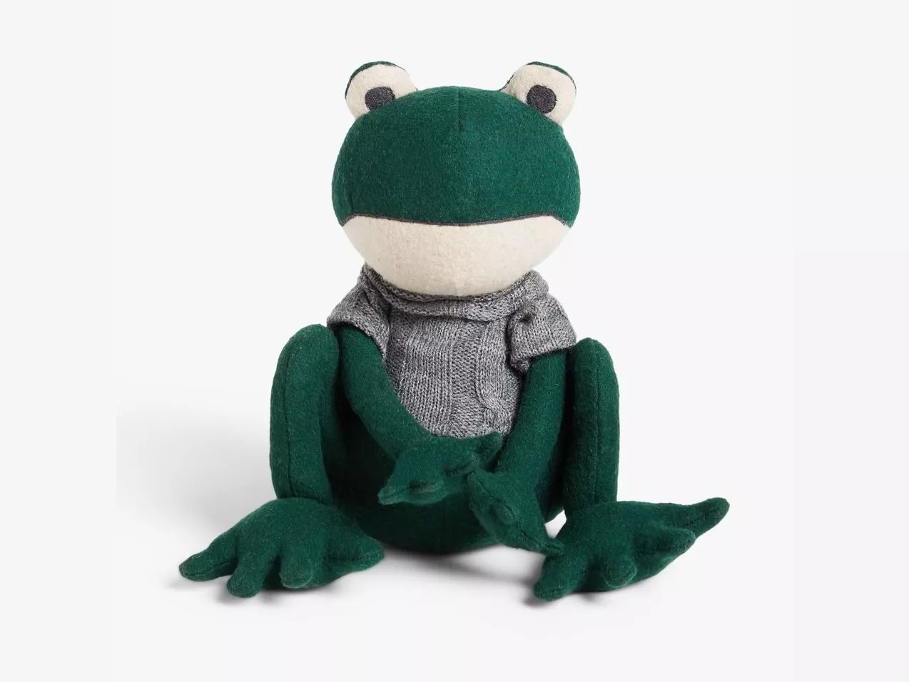 Green felt frog soft toy wearing a grey knitted jumper, sitting upright on a clean white background