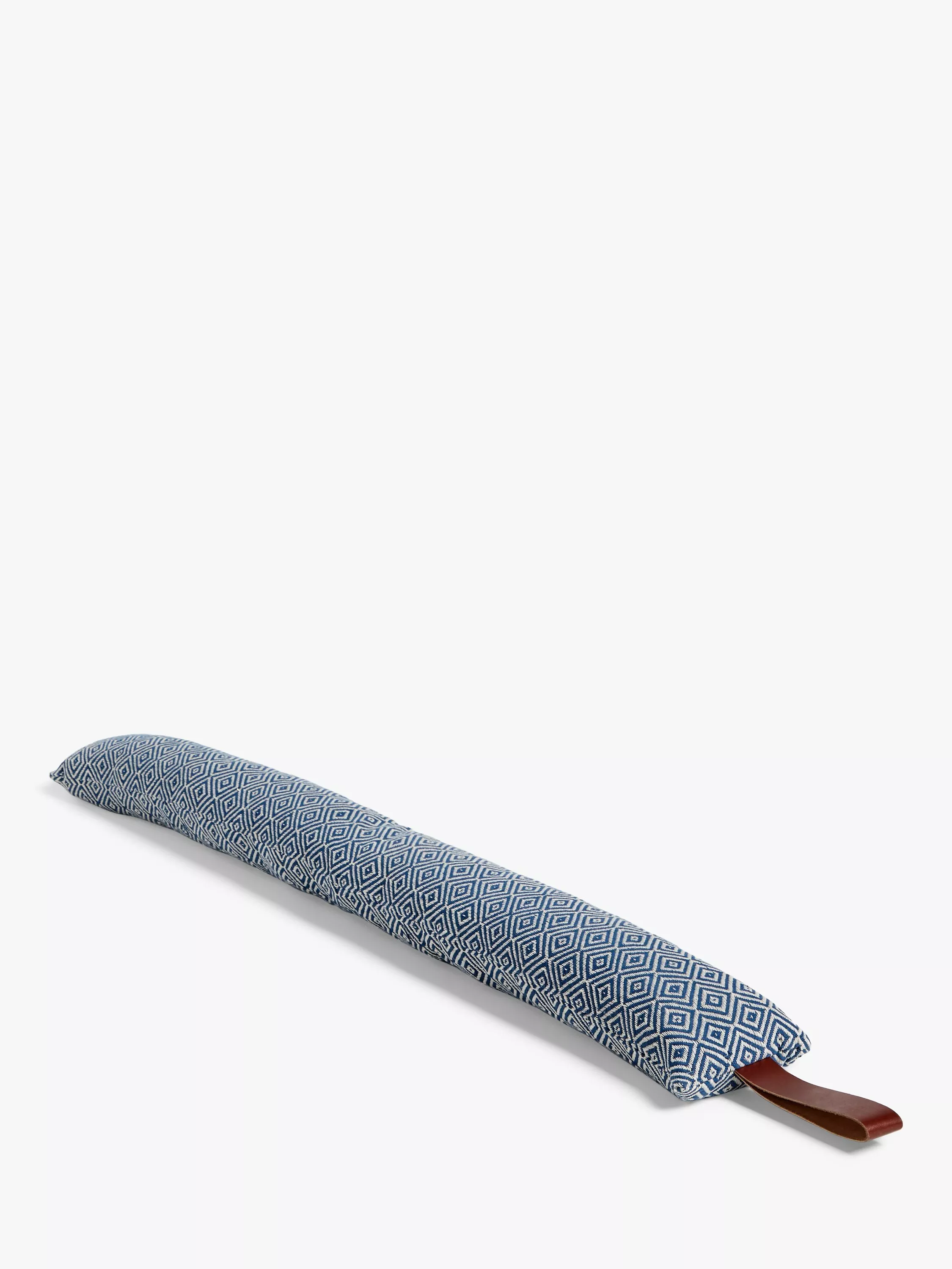 Blue geometric draught excluder door sausage with woven fabric cover and brown leather handle on white background