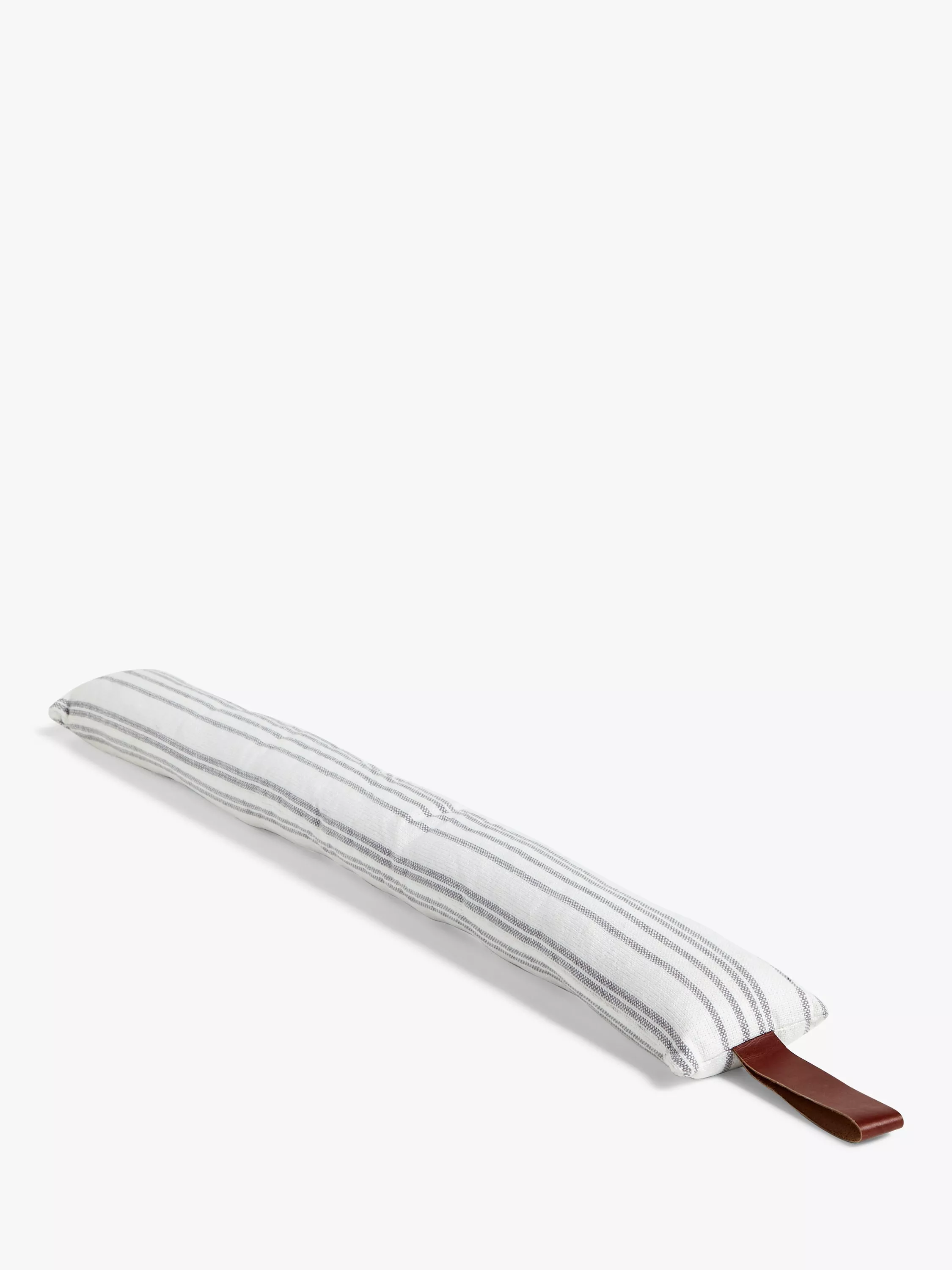 Striped draught excluder door stopper cushion with leather loop handle, photographed on white background