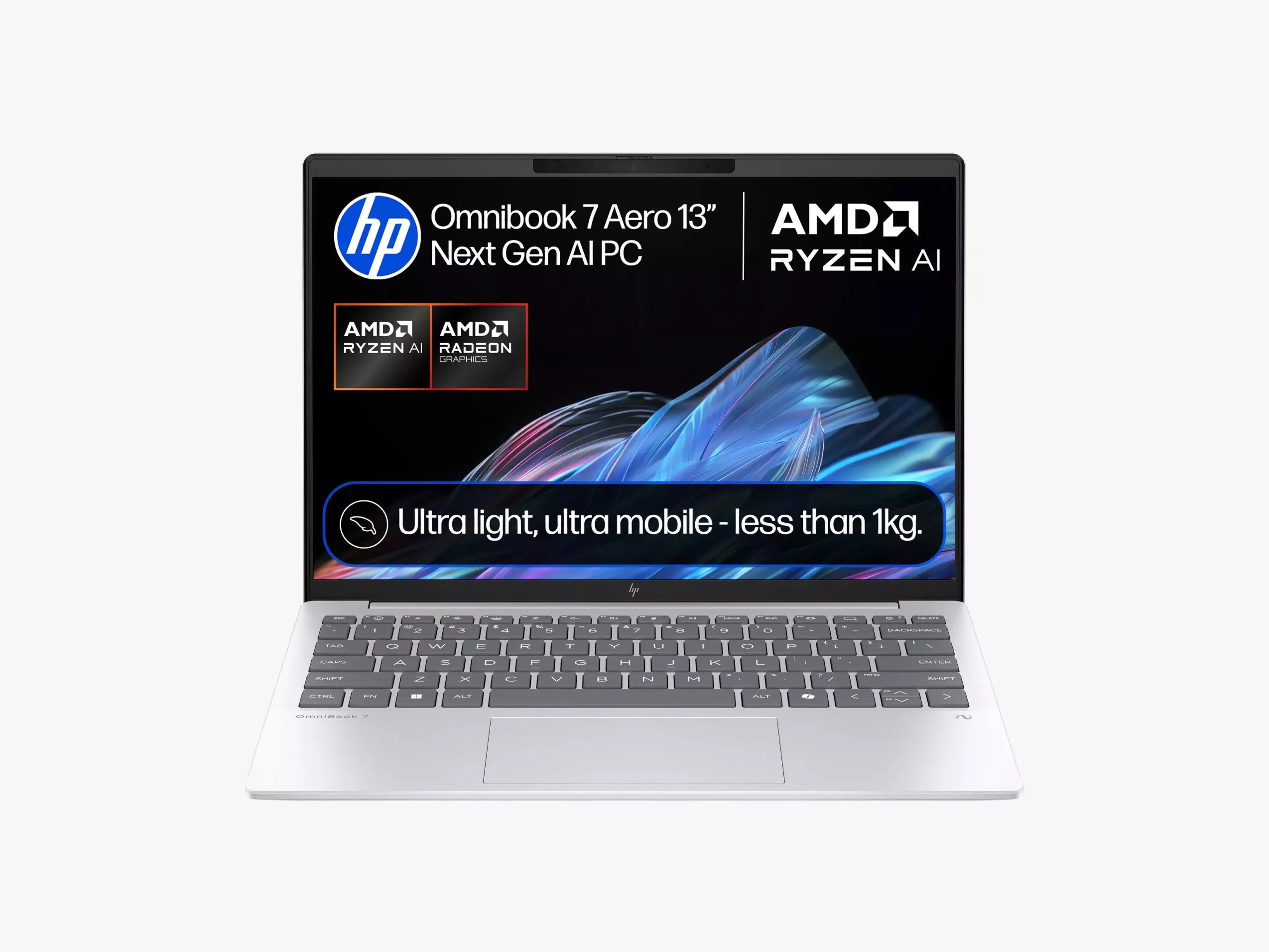 HP Omnibook 7 Aero 13" laptop with AMD Ryzen AI and Radeon Graphics, featuring lightweight design under 1kg.