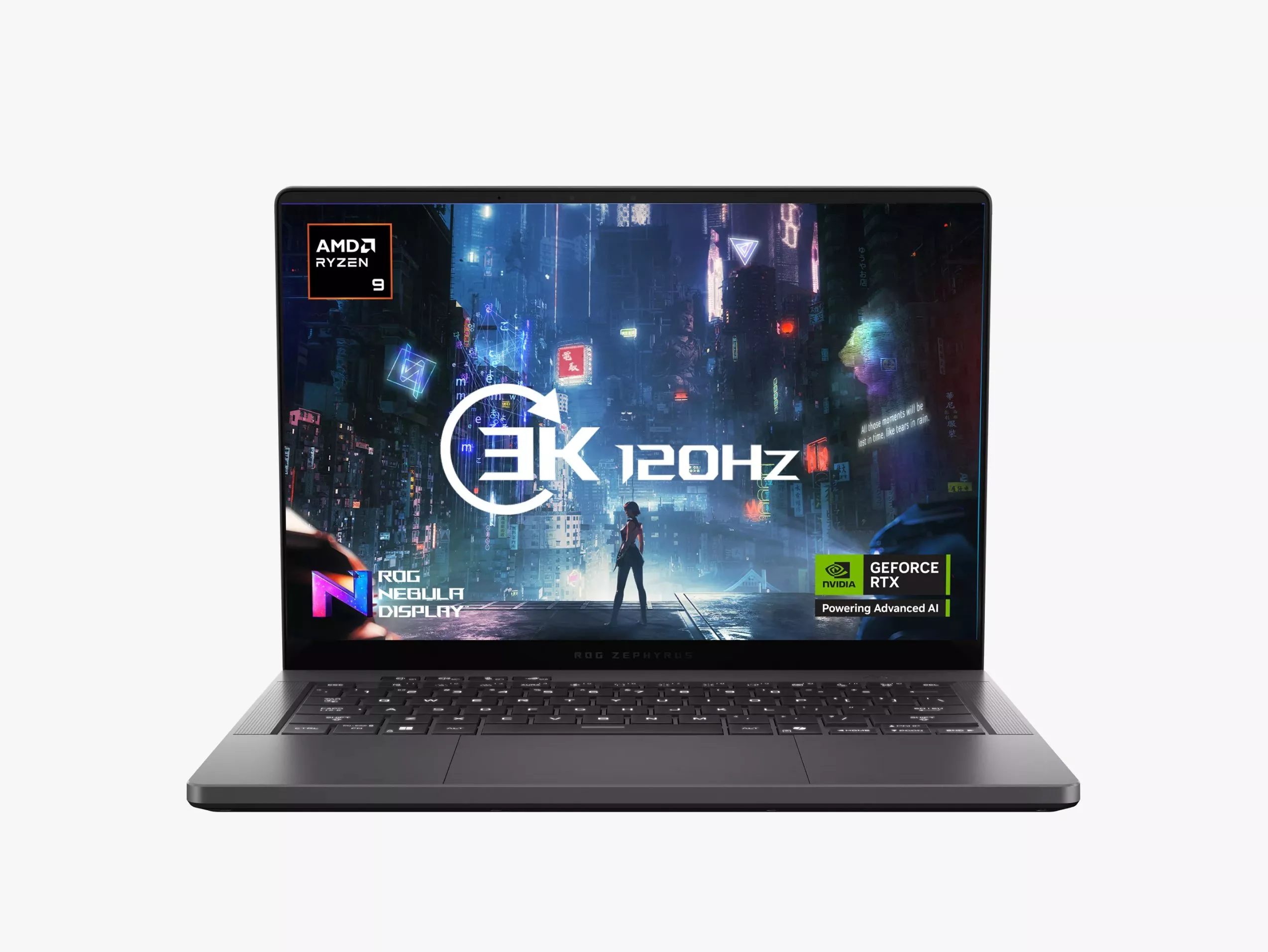 Gaming laptop with AMD Ryzen 9, GeForce RTX, and 3K 120Hz ROG Nebula display. Sleek design and advanced tech.