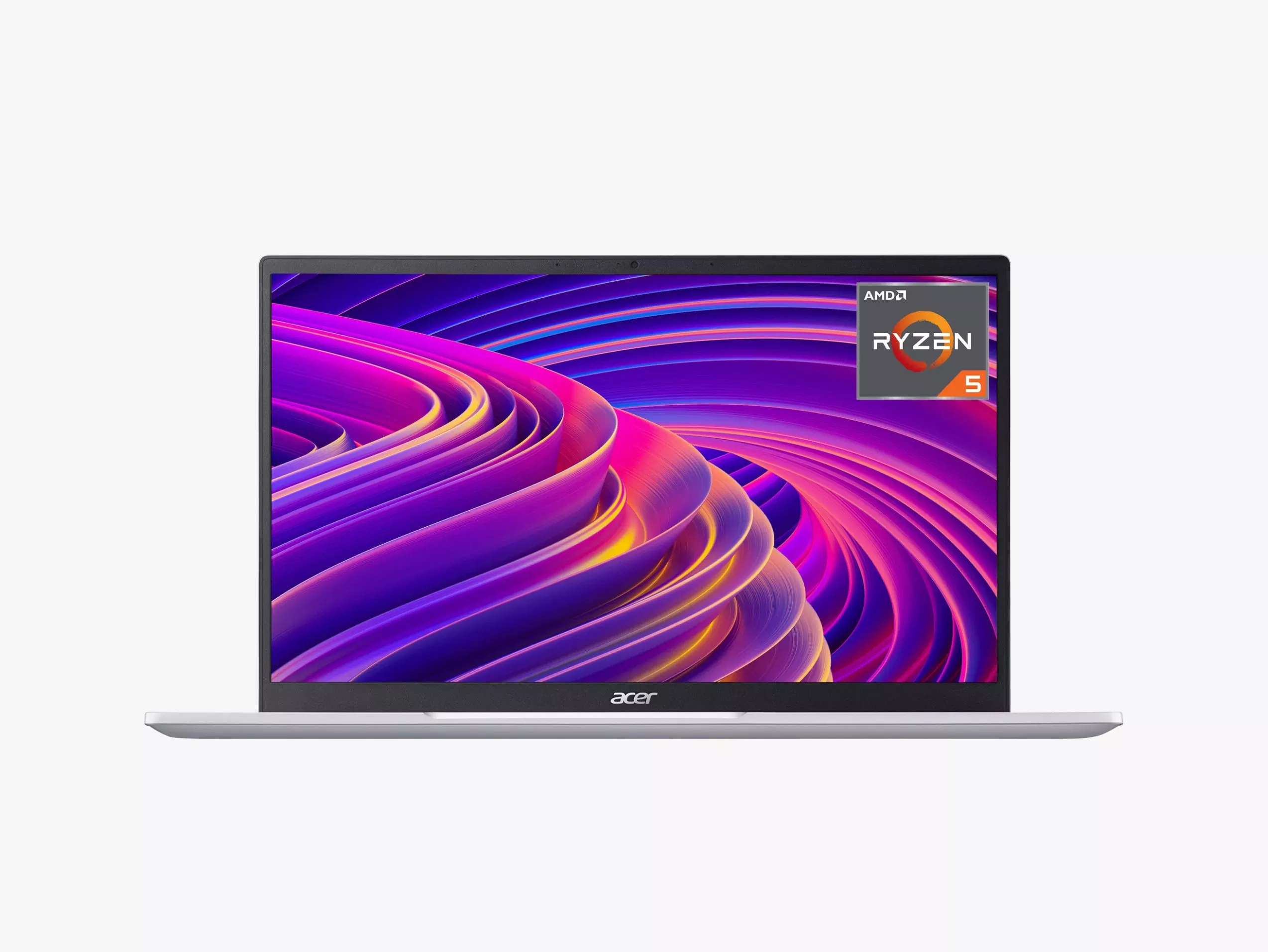 Silver laptop with a vibrant, colourful display, featuring an AMD Ryzen 5 badge in the top right corner.