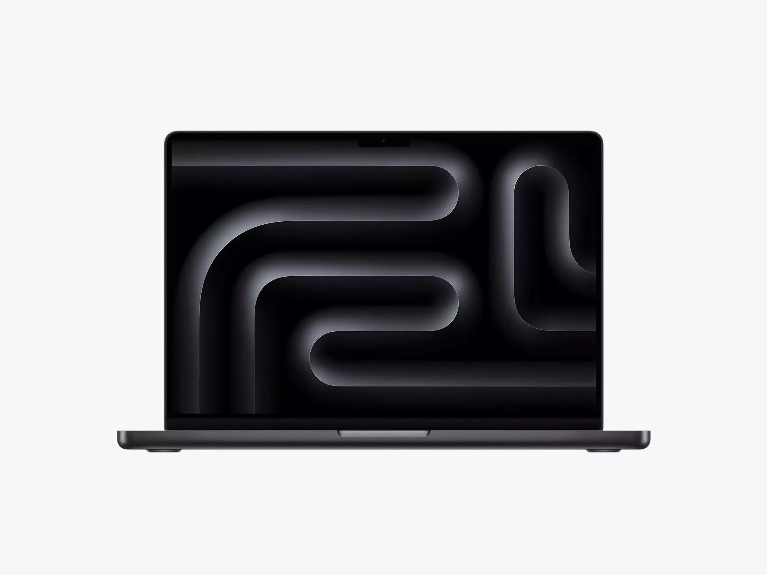 Sleek laptop with a modern design, featuring an abstract black and grey pattern on the screen, against a white background.