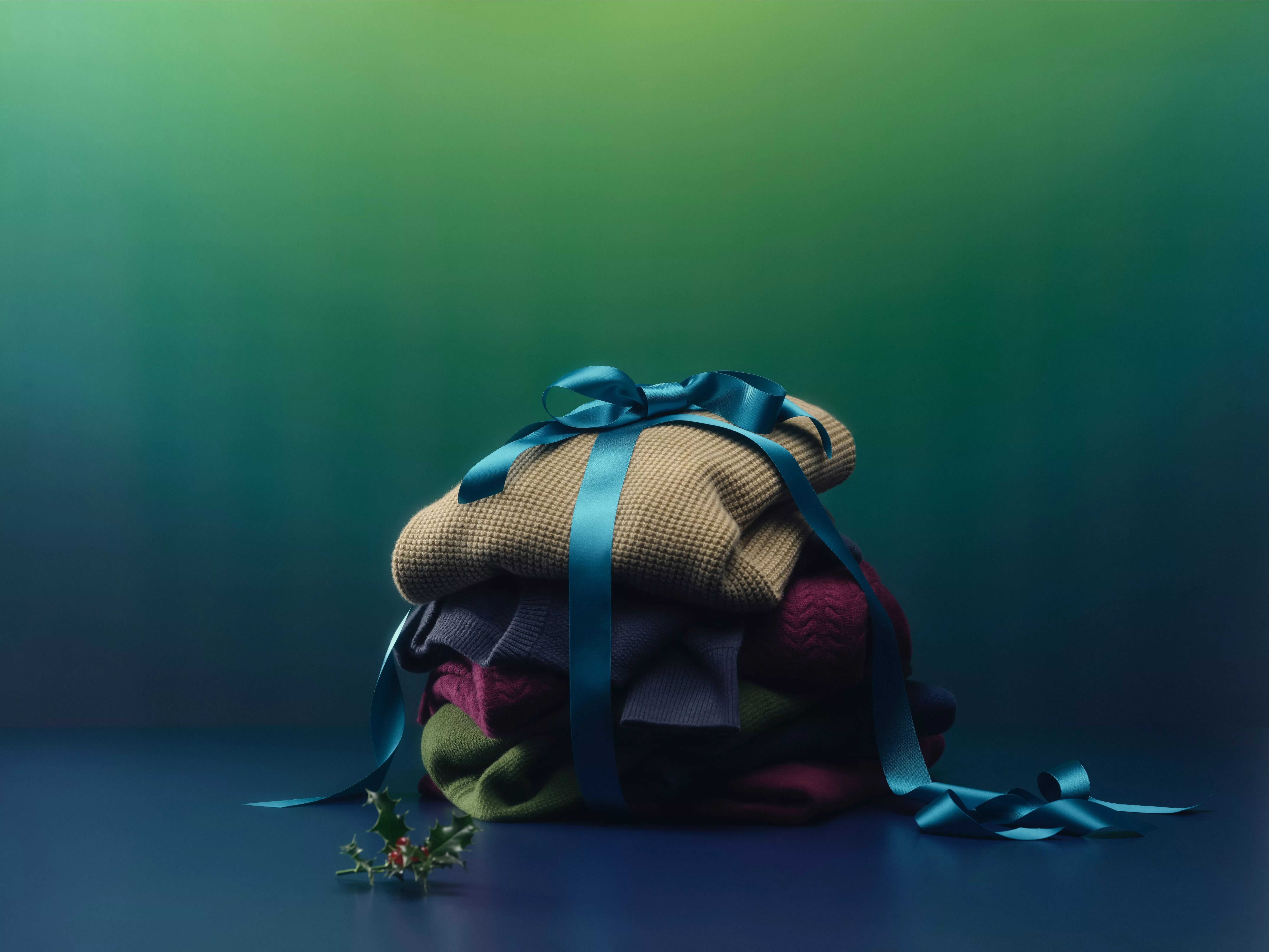 Colourful jumpers tied with a blue ribbon, featuring holly.