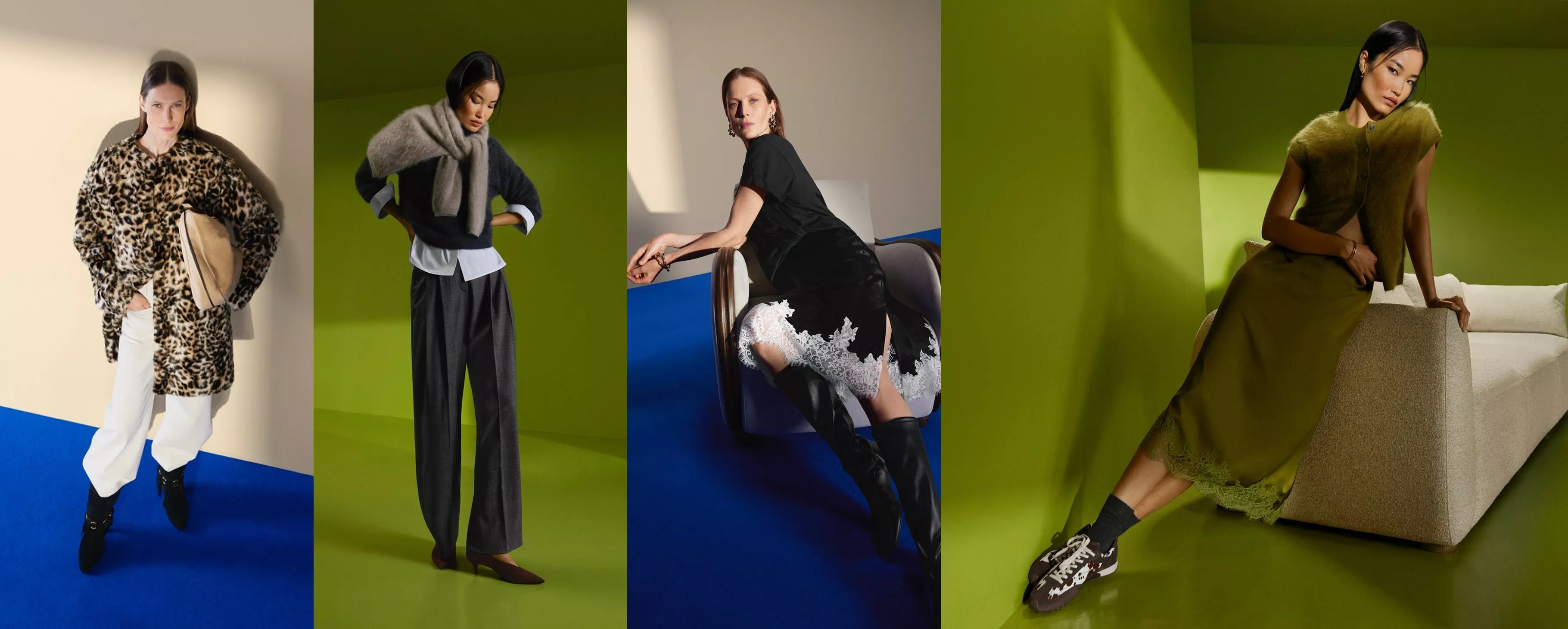 Fashion editorial collage of four models in autumn outfits on bold green and blue studio backgrounds