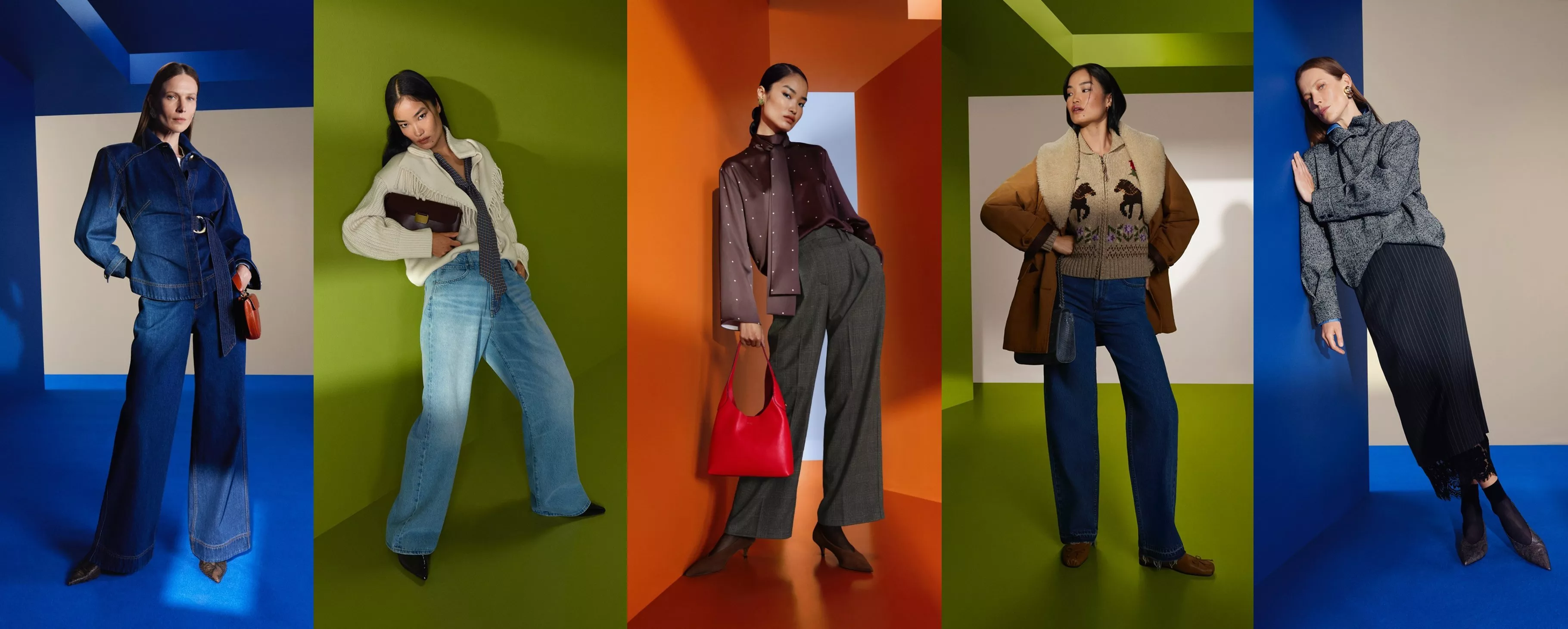 Fashion editorial collage of four models in autumn outfits on bold green and blue studio backgrounds