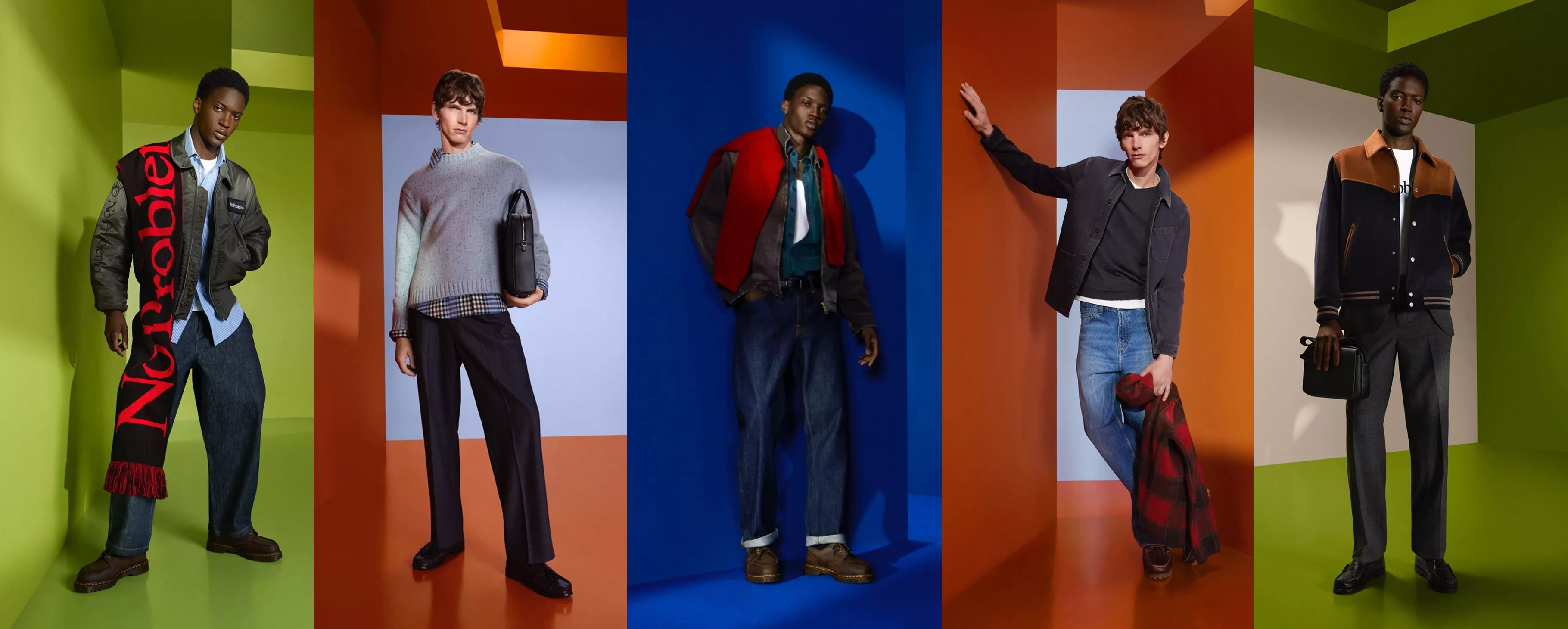 Men’s autumn fashion campaign with five models in colourful studio sets, wearing jackets, knitwear and denim.