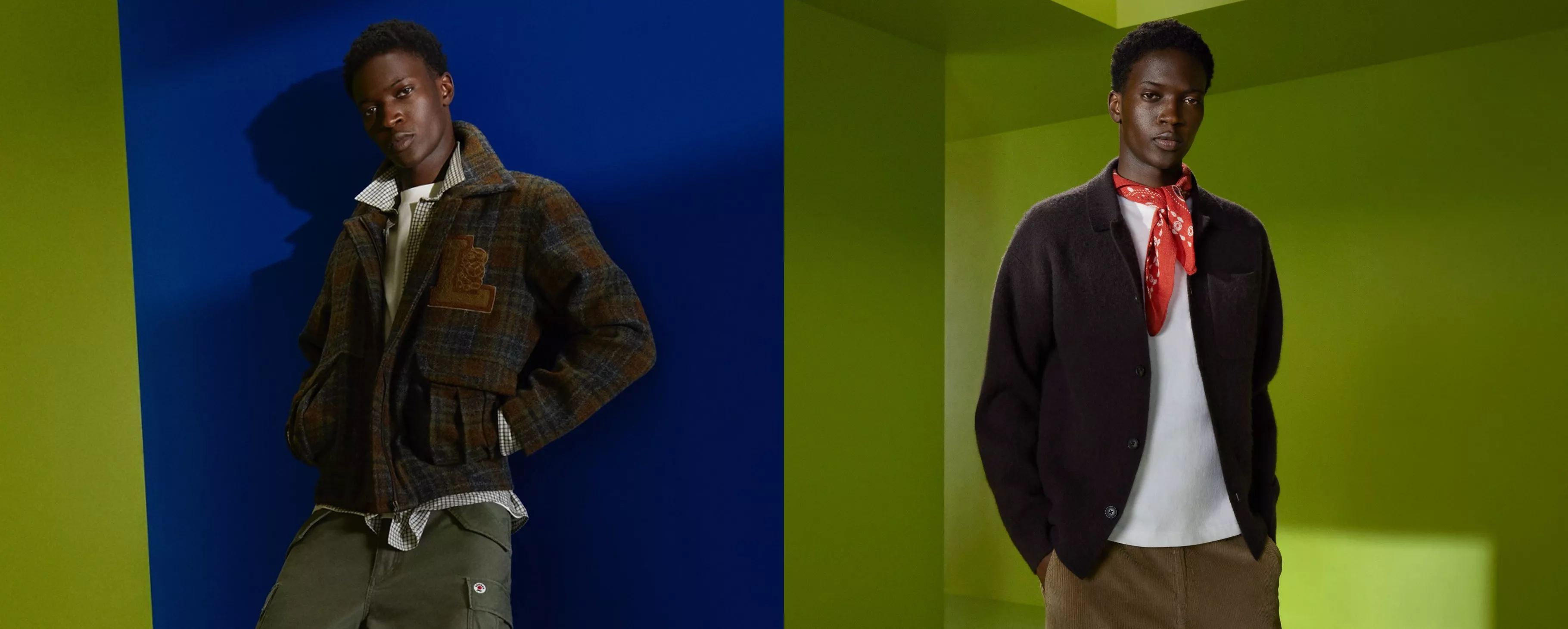 Men’s autumn fashion campaign with five models in colourful studio sets, wearing jackets, knitwear and denim.
